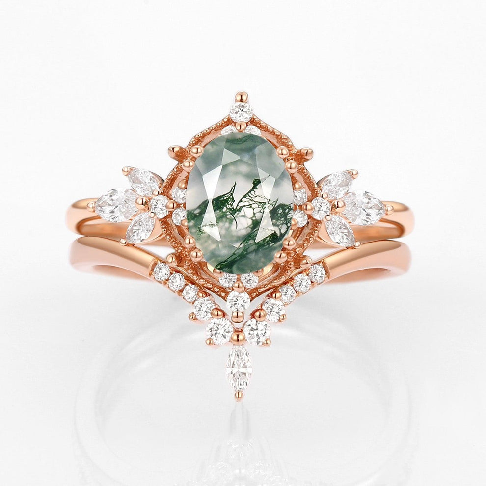 Rosalind’s Arbor | Antique Oval Moss Agate & Curved Moissanite Bridal Set 2pcs.