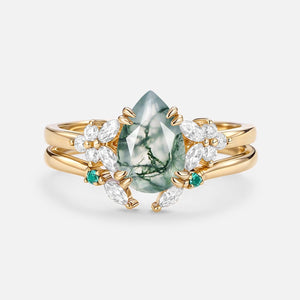 Anya Cluster Pear Shaped Moss Agate Chevron Gold Ring Set 2pcs.