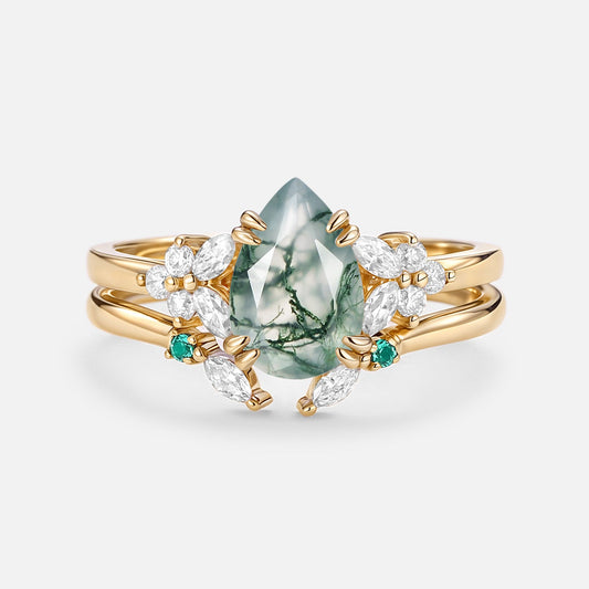 Anya Cluster Pear Shaped Moss Agate Chevron Gold Ring Set 2pcs
