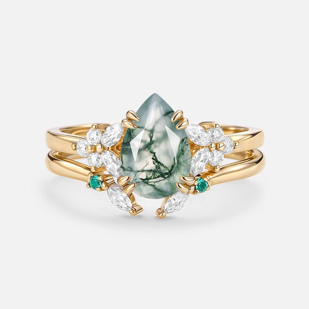 Anya Cluster Pear Shaped Moss Agate Chevron Gold Ring Set 2pcs.