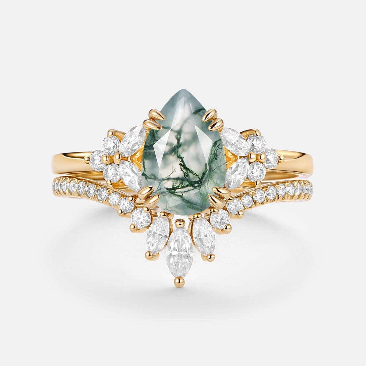 Della Cluster Pear Shaped Moss Agate Chevron Gold Ring Set 2pcs.