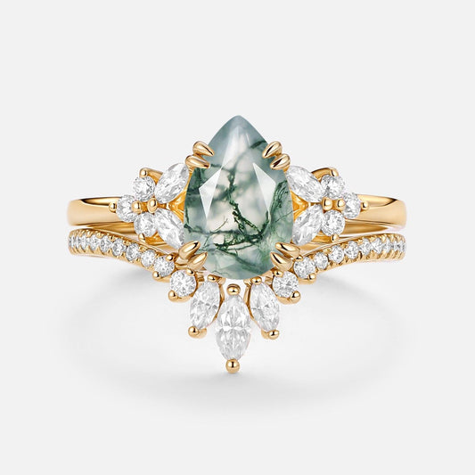 Della Cluster Pear Shaped Moss Agate Chevron Gold Ring Set 2pcs.
