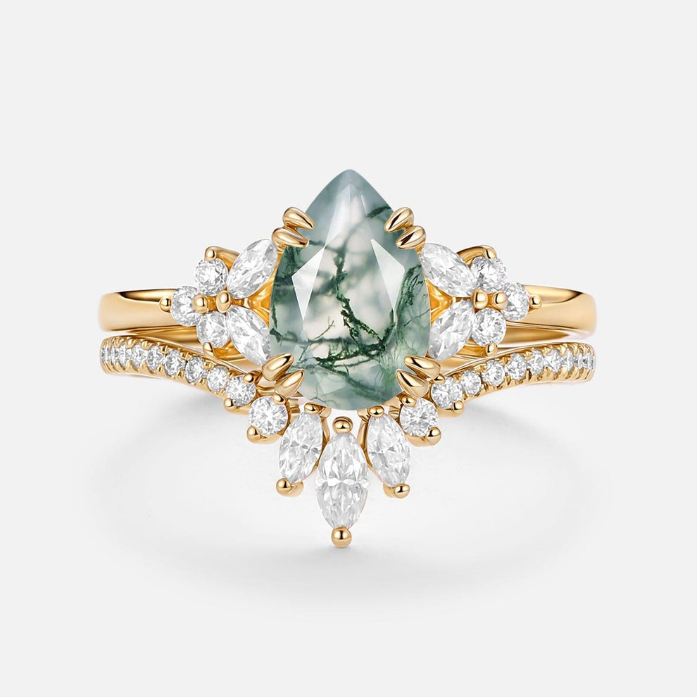 Della Cluster Pear Shaped Moss Agate Chevron Gold Ring Set 2pcs.