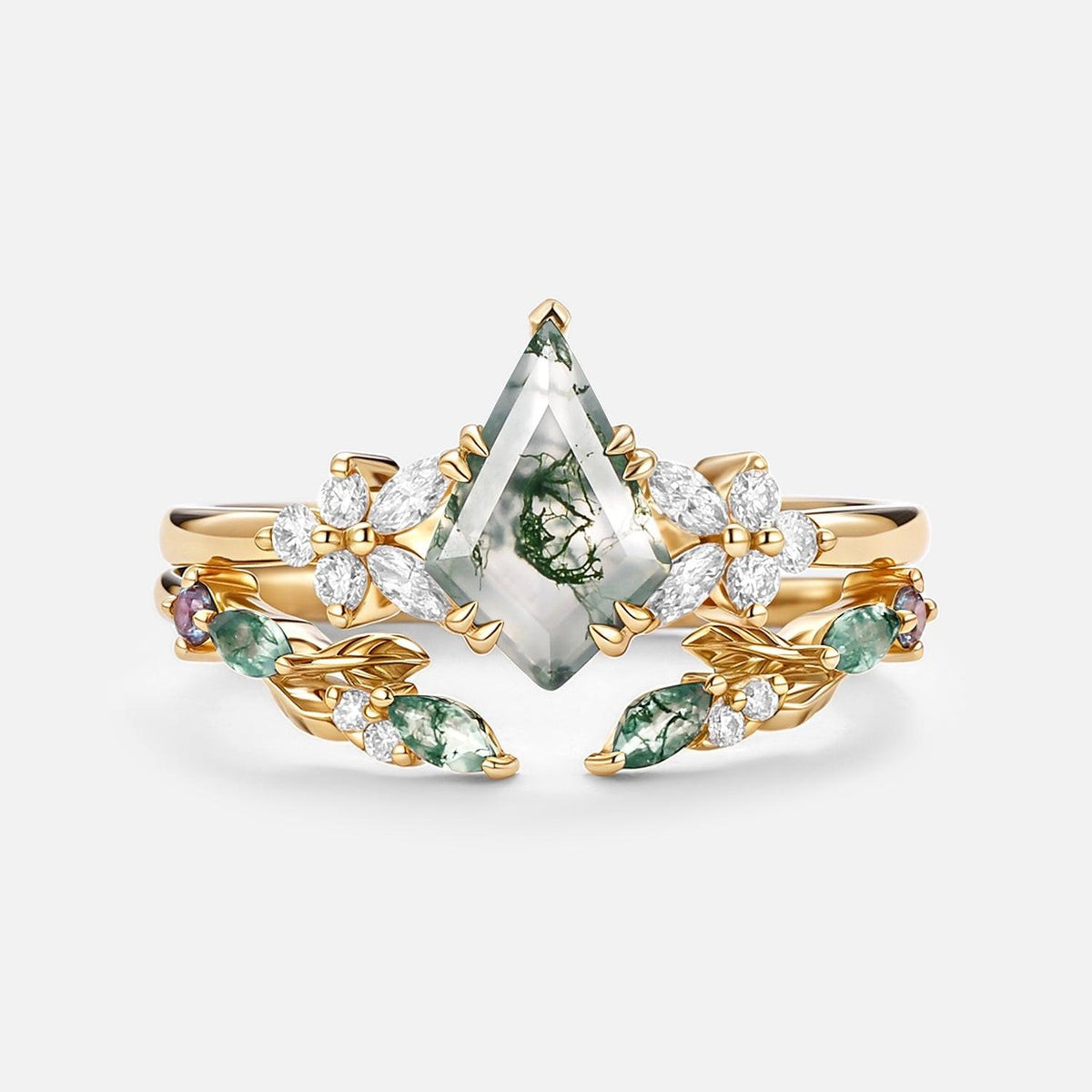 Marigold’s Drift | Kite Cut Moss Agate Leafy Bridal Set 2pcs.