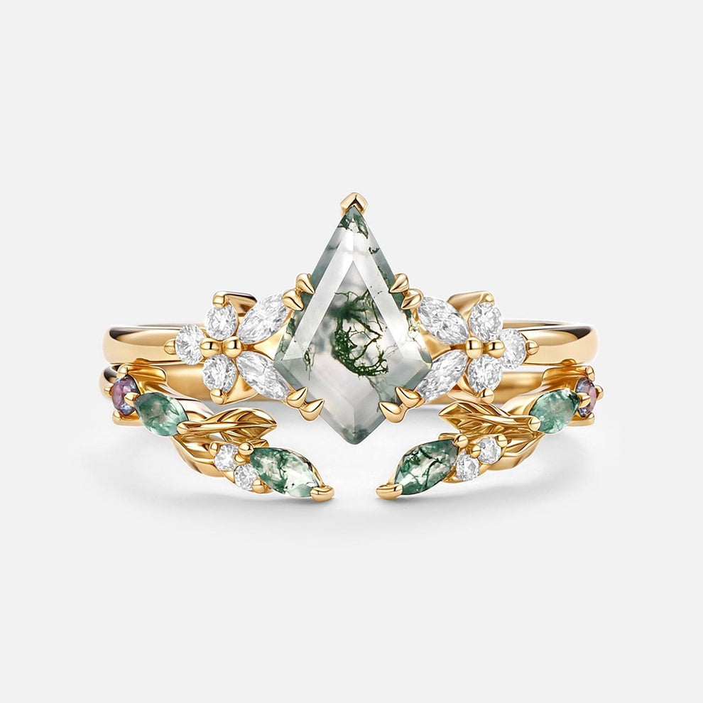 Marigold’s Drift | Kite Cut Moss Agate Leafy Bridal Set 2pcs.