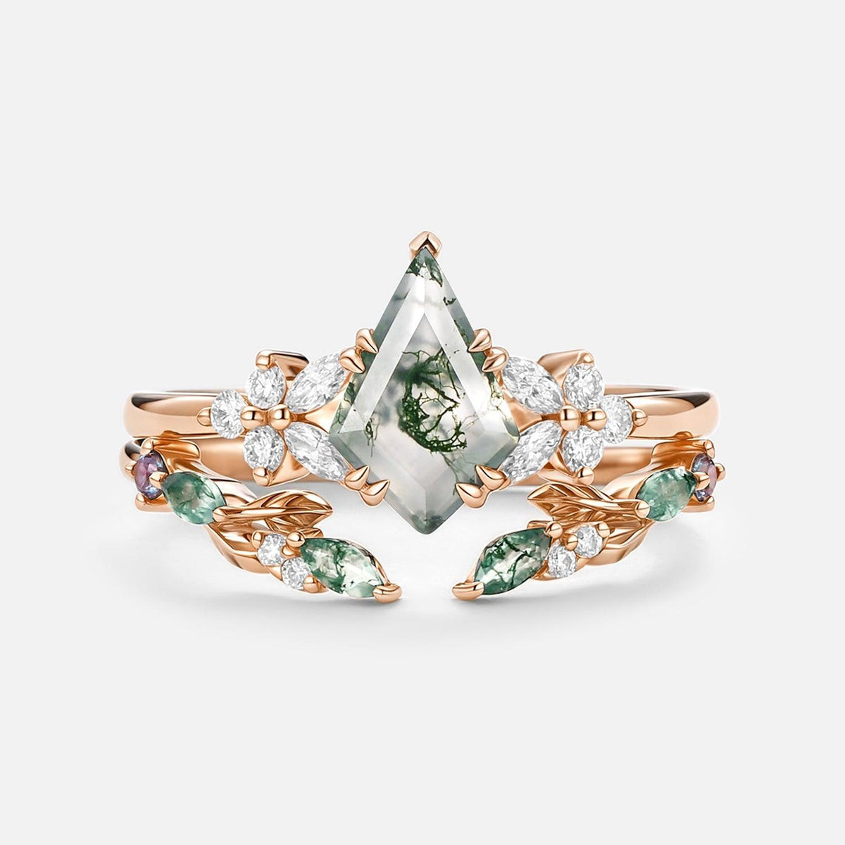 Marigold’s Drift | Kite Cut Moss Agate Leafy Bridal Set 2pcs.