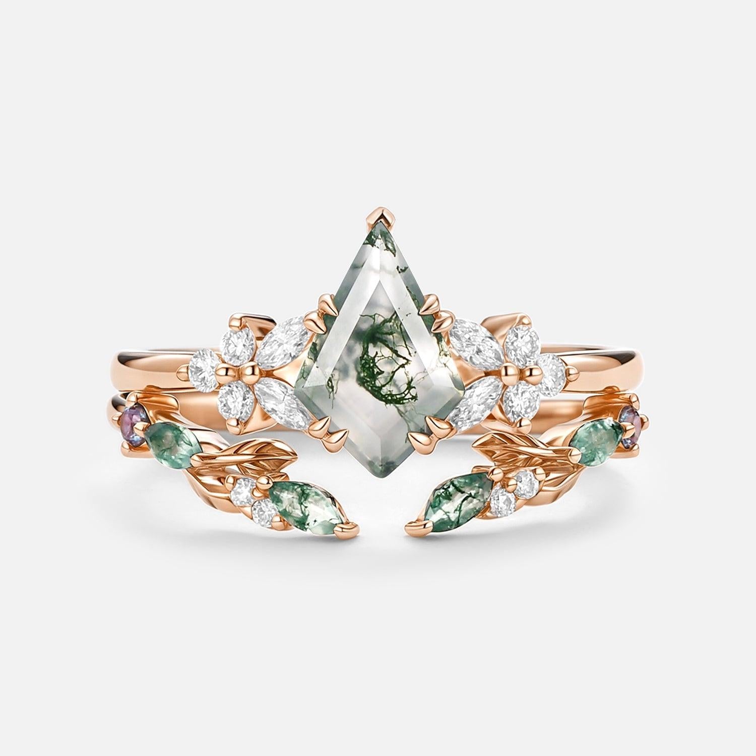 Marigold’s Drift | Kite Cut Moss Agate Leafy Bridal Set 2pcs.