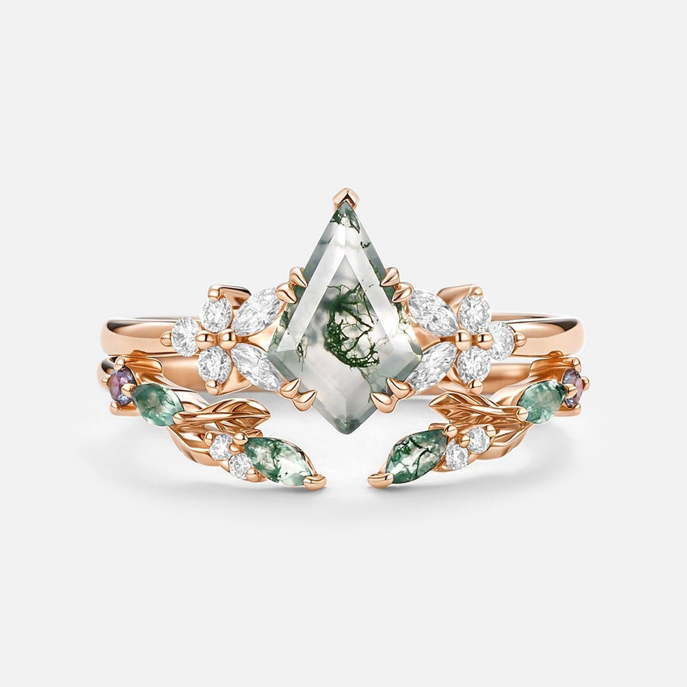 Marigold’s Drift | Kite Cut Moss Agate Leafy Bridal Set 2pcs.