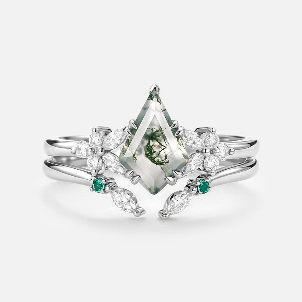 Lumi Kite Cut Moss Agate Cluster Engagement Ring Set 2pcs.