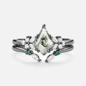 Lumi Kite Cut Moss Agate Cluster Engagement Ring Set 2pcs.
