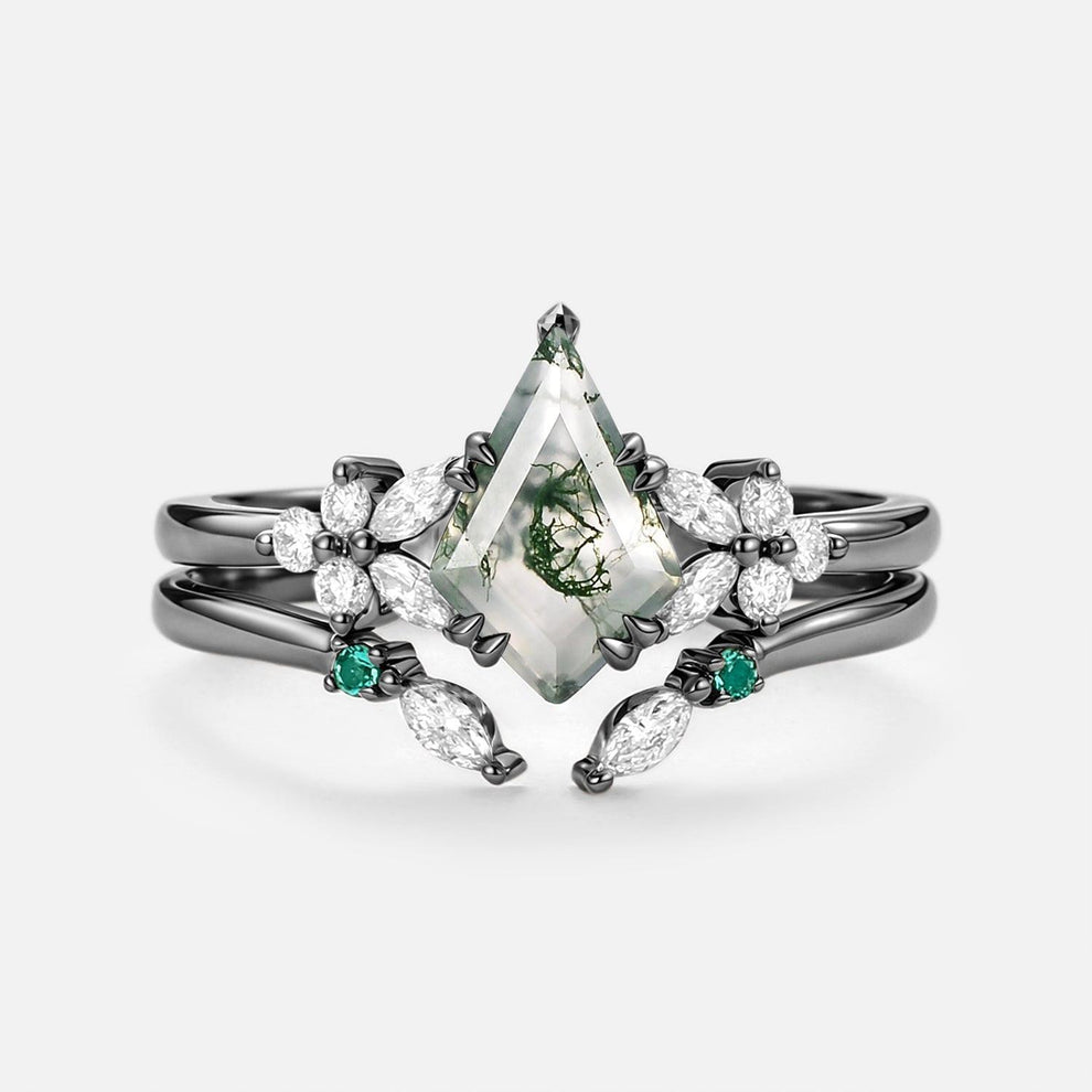 Lumi Kite Cut Moss Agate Cluster Engagement Ring Set 2pcs.