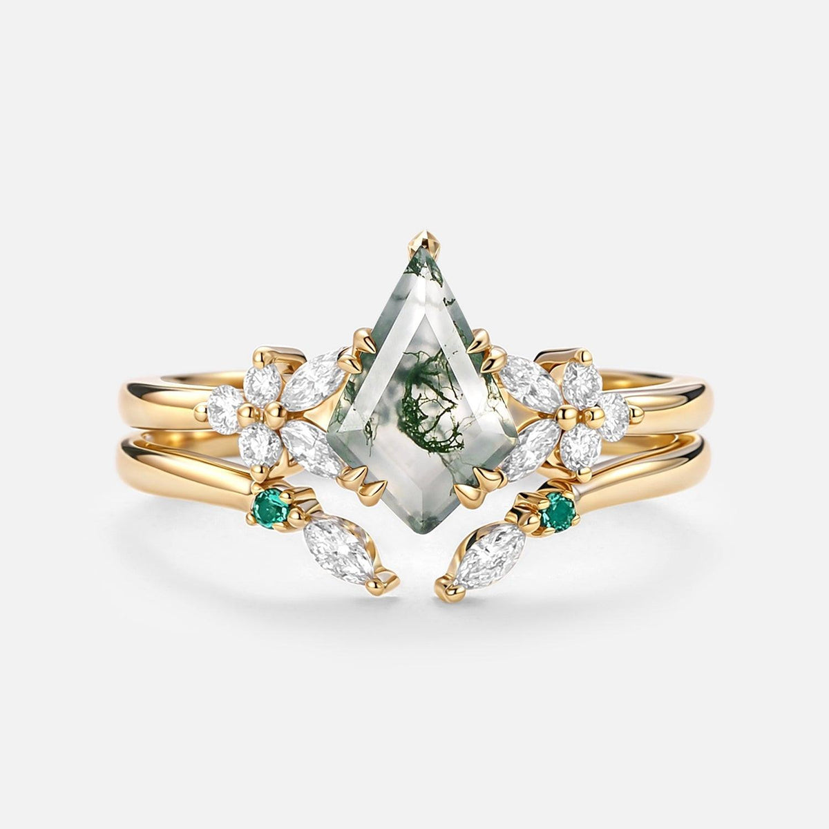 Lumi Kite Cut Moss Agate Cluster Engagement Ring Set 2pcs.