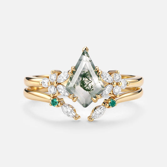 Lumi Kite Cut Moss Agate Cluster Engagement Ring Set 2pcs.
