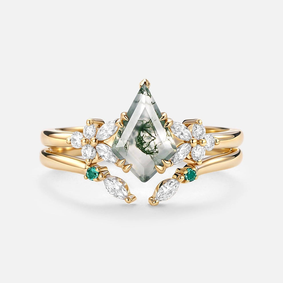 Lumi Kite Cut Moss Agate Cluster Engagement Ring Set 2pcs.