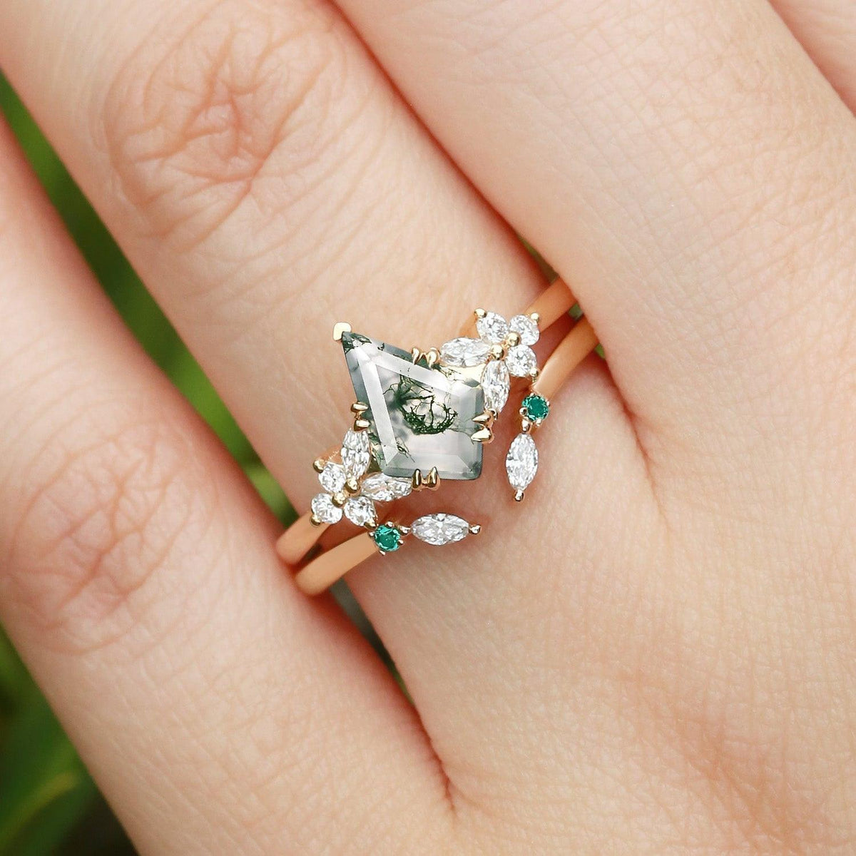 Lumi Kite Cut Moss Agate Cluster Engagement Ring Set 2pcs.