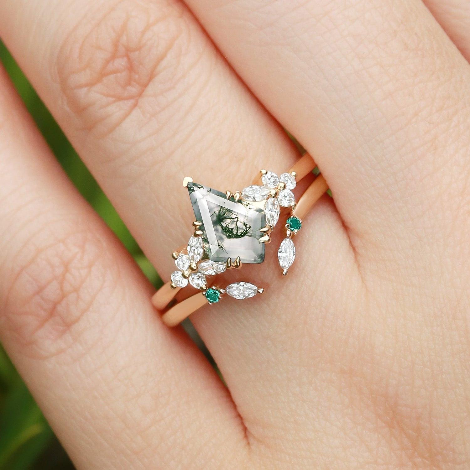 Lumi Kite Cut Moss Agate Cluster Engagement Ring Set 2pcs.