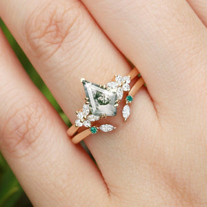 Lumi Kite Cut Moss Agate Cluster Engagement Ring Set 2pcs.