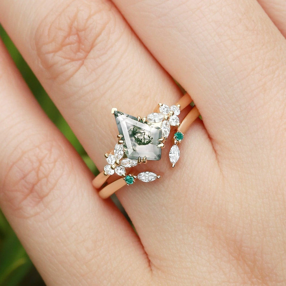 Lumi Kite Cut Moss Agate Cluster Engagement Ring Set 2pcs.