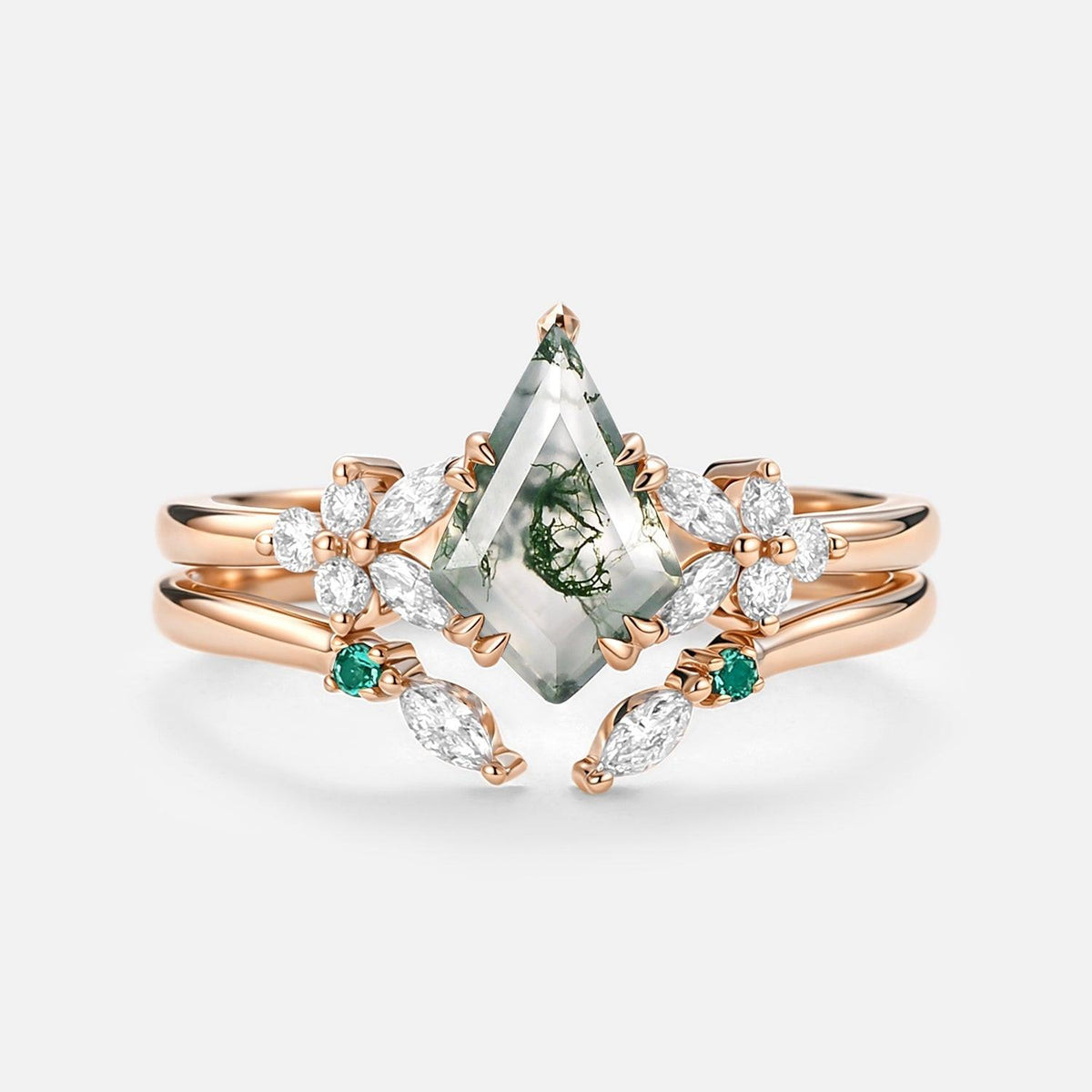 Lumi Kite Cut Moss Agate Cluster Engagement Ring Set 2pcs.
