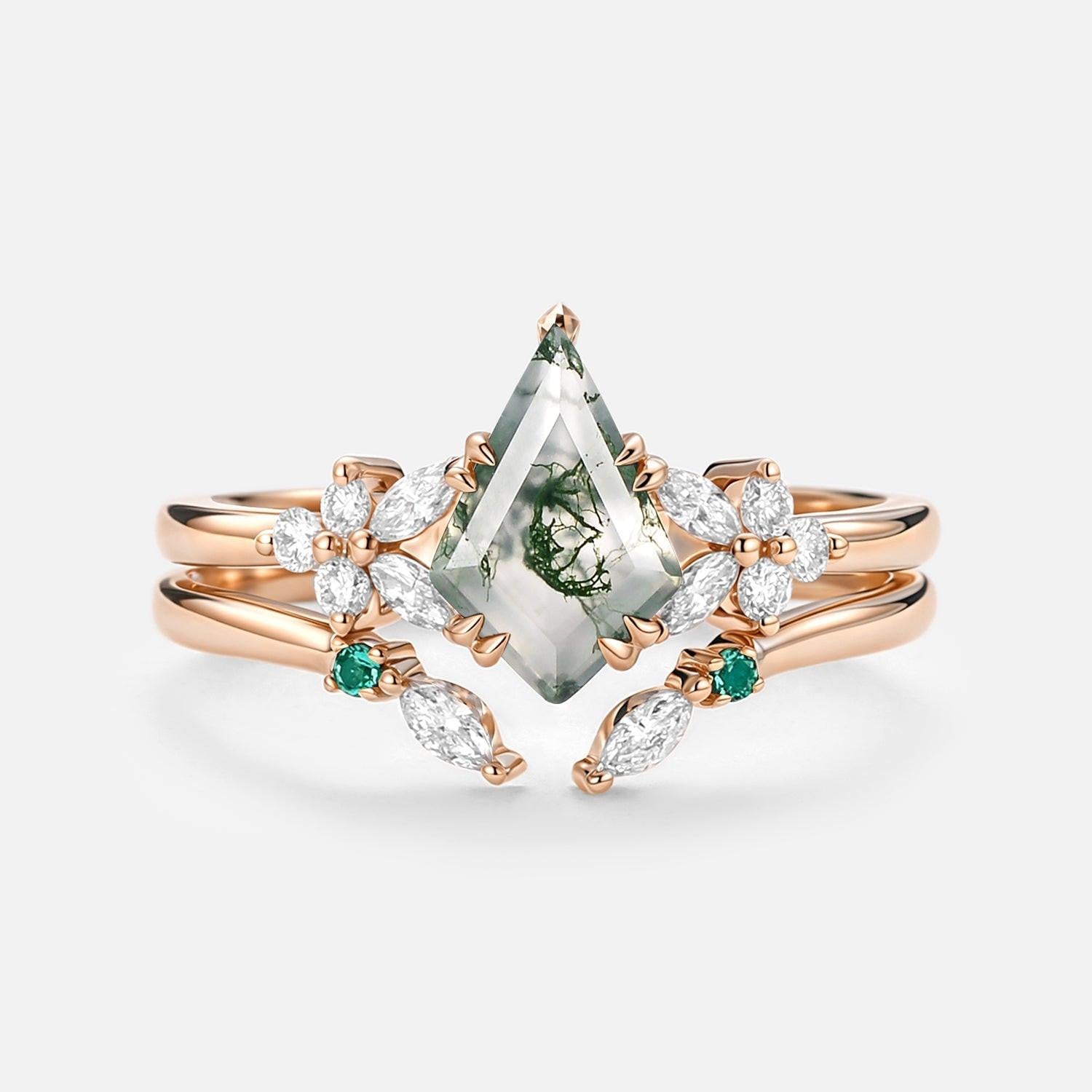 Lumi Kite Cut Moss Agate Cluster Engagement Ring Set 2pcs.