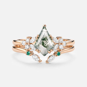 Lumi Kite Cut Moss Agate Cluster Engagement Ring Set 2pcs.