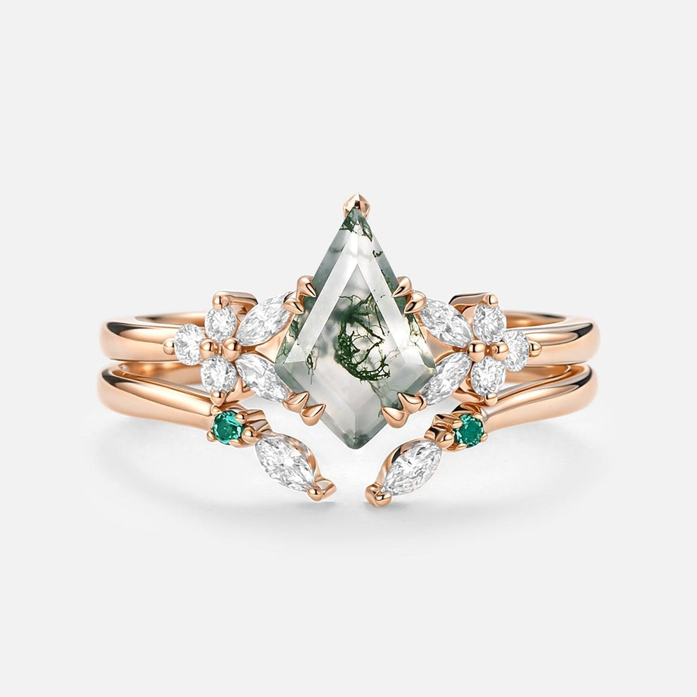 Lumi Kite Cut Moss Agate Cluster Engagement Ring Set 2pcs.