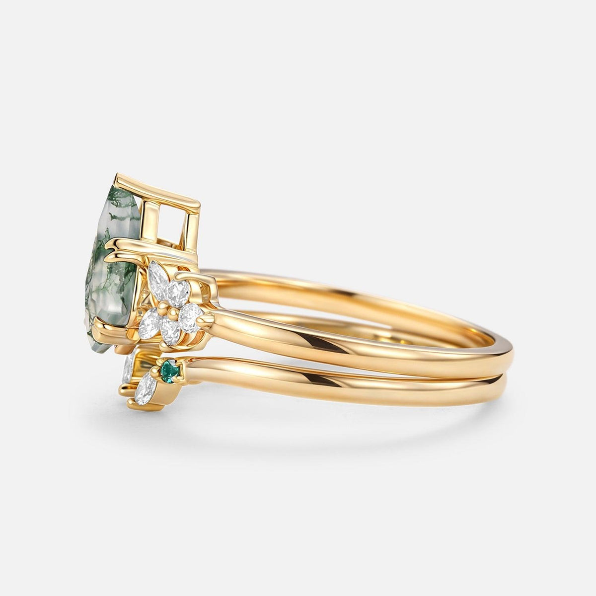 Lumi Kite Cut Moss Agate Cluster Engagement Ring Set 2pcs.