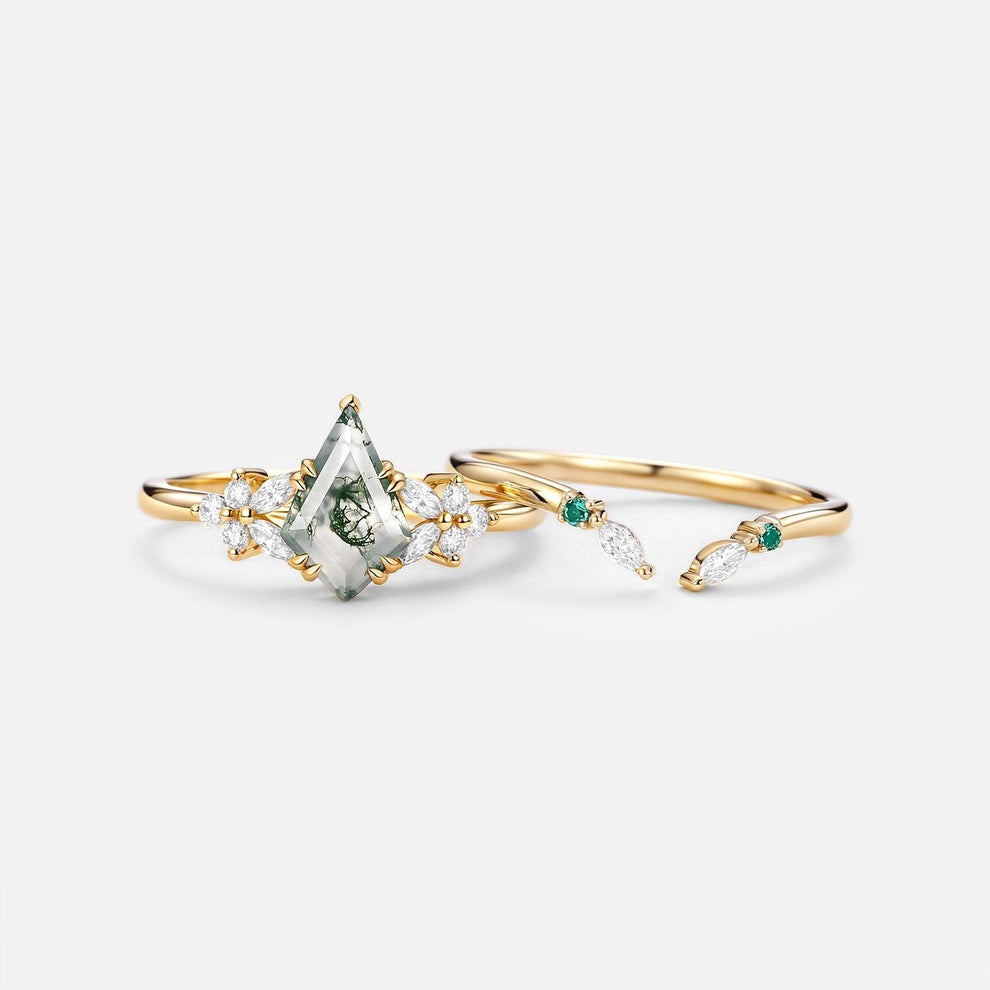 Lumi Kite Cut Moss Agate Cluster Engagement Ring Set 2pcs.