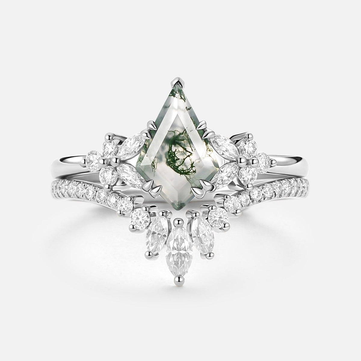 Sora Kite Cut Moss Agate Cluster Engagement Ring Set 2pcs.