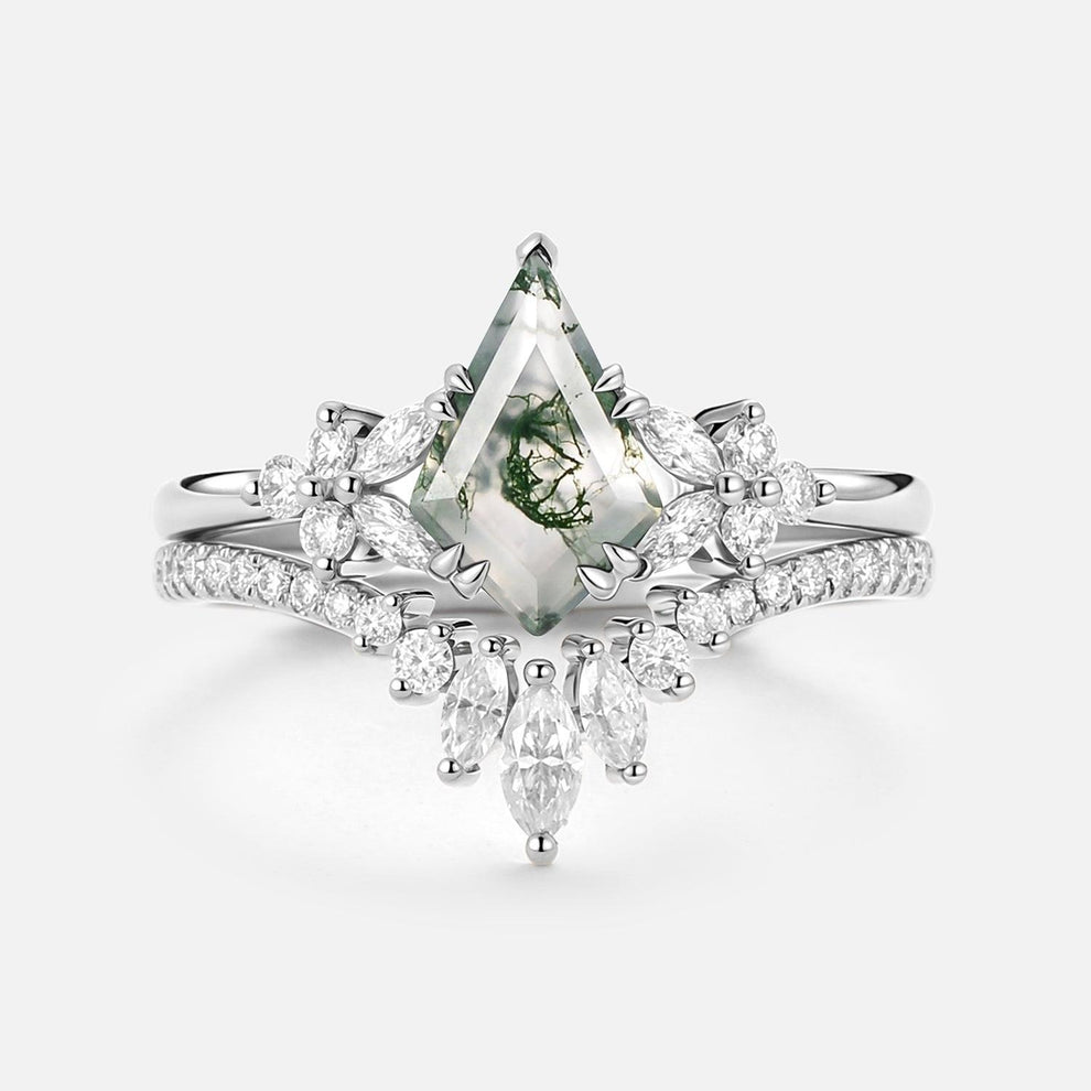 Sora Kite Cut Moss Agate Cluster Engagement Ring Set 2pcs.