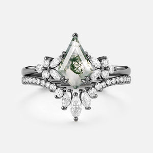 Sora Kite Cut Moss Agate Cluster Engagement Ring Set 2pcs.