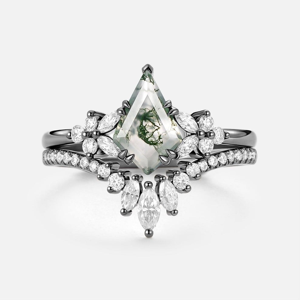 Sora Kite Cut Moss Agate Cluster Engagement Ring Set 2pcs.