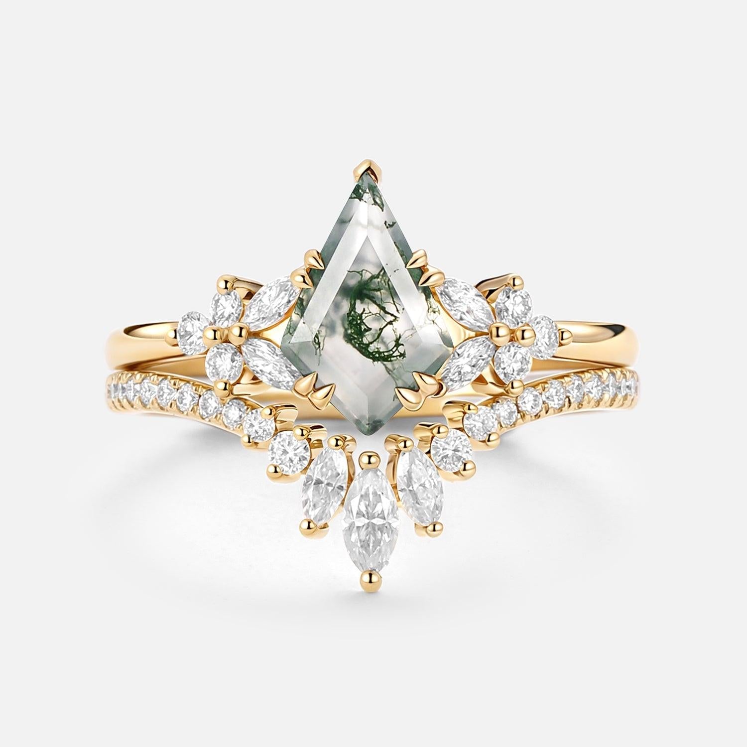 Sora Kite Cut Moss Agate Cluster Engagement Ring Set 2pcs.
