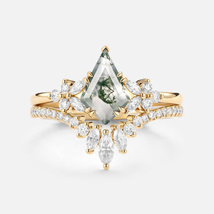 Sora Kite Cut Moss Agate Cluster Engagement Ring Set 2pcs.