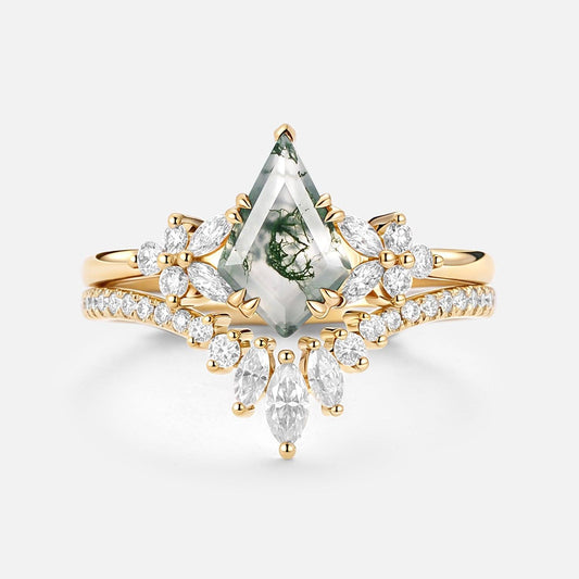 Sora Kite Cut Moss Agate Cluster Engagement Ring Set 2pcs.