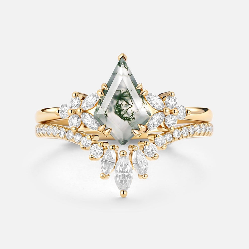 Sora Kite Cut Moss Agate Cluster Engagement Ring Set 2pcs.