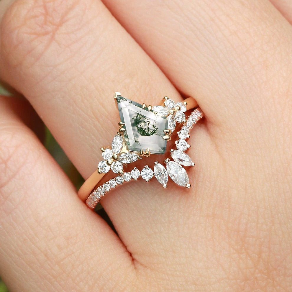 Sora Kite Cut Moss Agate Cluster Engagement Ring Set 2pcs.