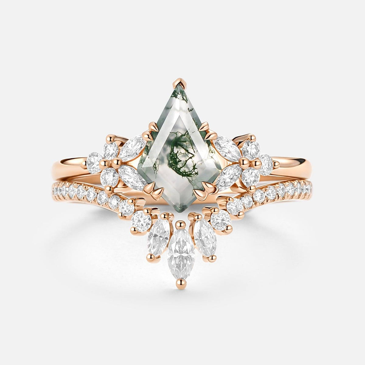 Sora Kite Cut Moss Agate Cluster Engagement Ring Set 2pcs.