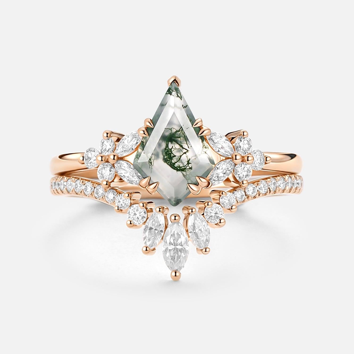 Sora Kite Cut Moss Agate Cluster Engagement Ring Set 2pcs.
