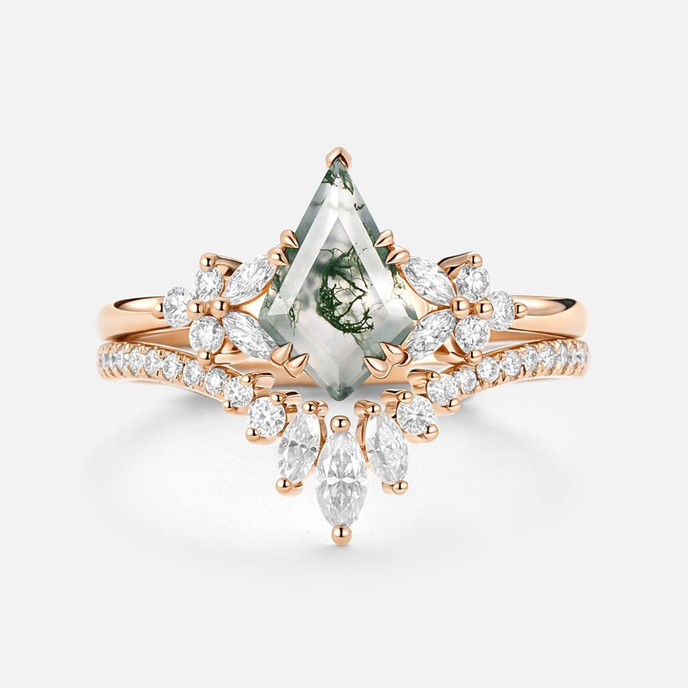 Sora Kite Cut Moss Agate Cluster Engagement Ring Set 2pcs.