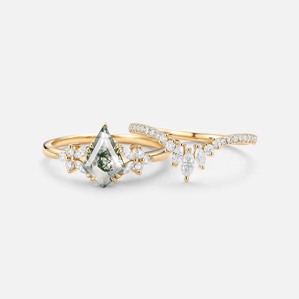 Sora Kite Cut Moss Agate Cluster Engagement Ring Set 2pcs.