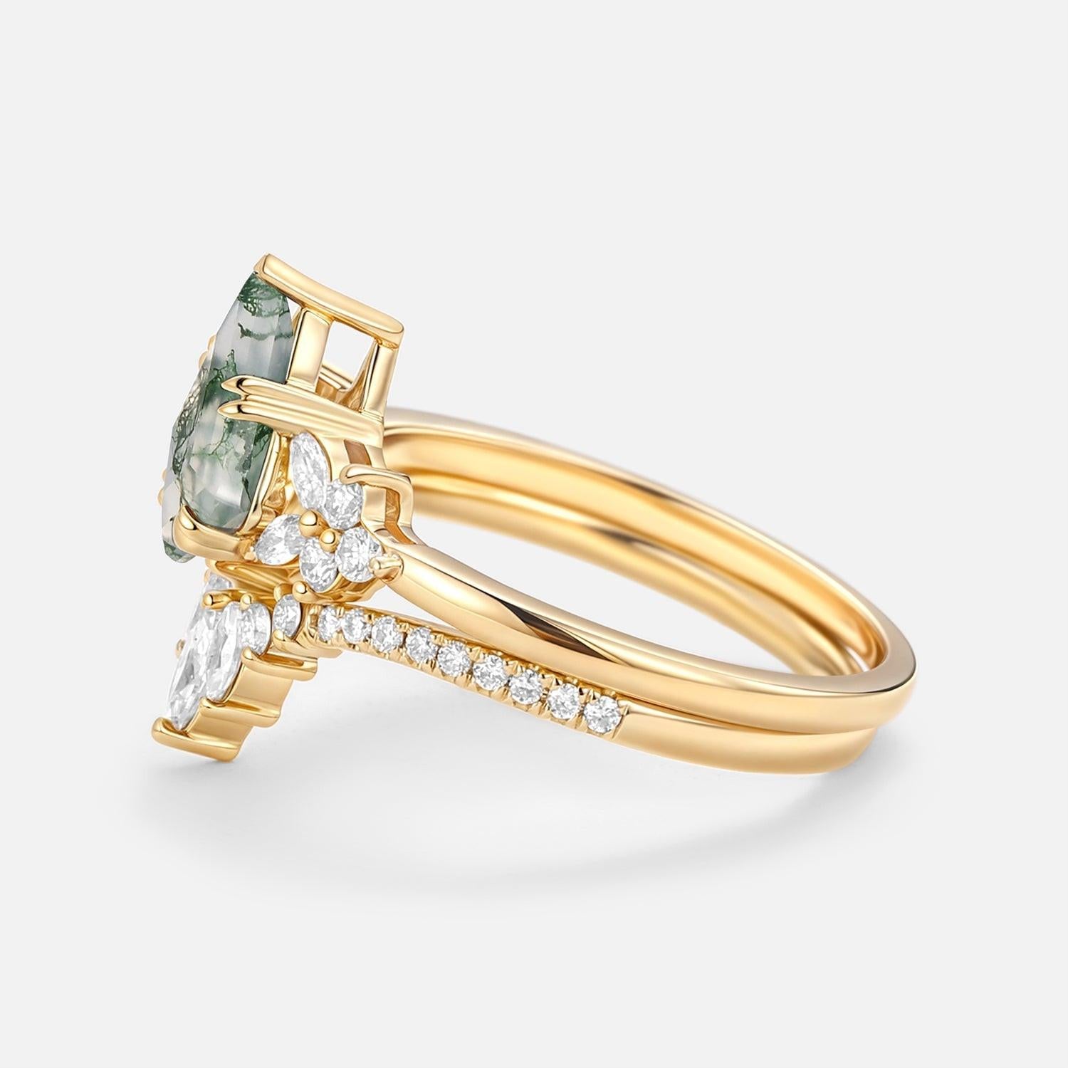 Sora Kite Cut Moss Agate Cluster Engagement Ring Set 2pcs.