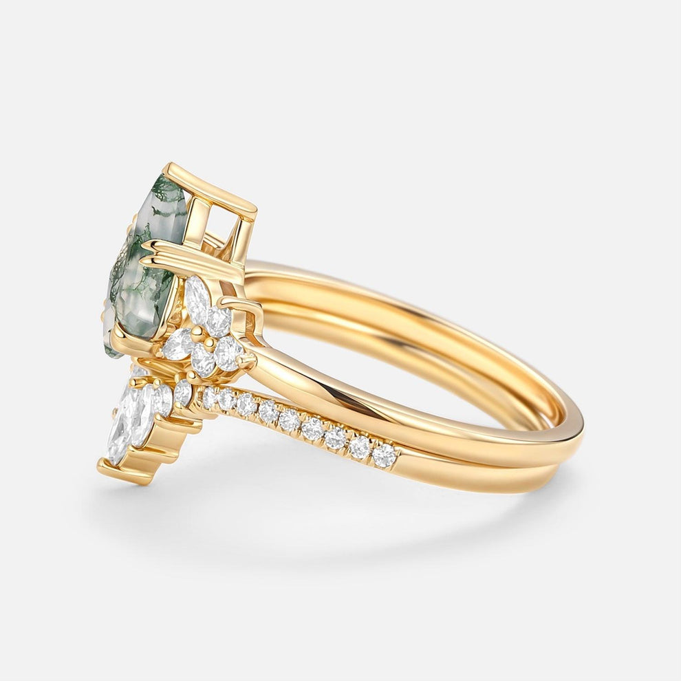 Sora Kite Cut Moss Agate Cluster Engagement Ring Set 2pcs.