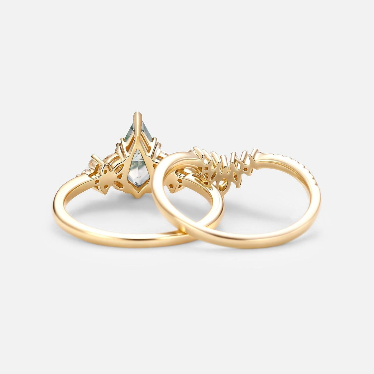 Sora Kite Cut Moss Agate Cluster Engagement Ring Set 2pcs.