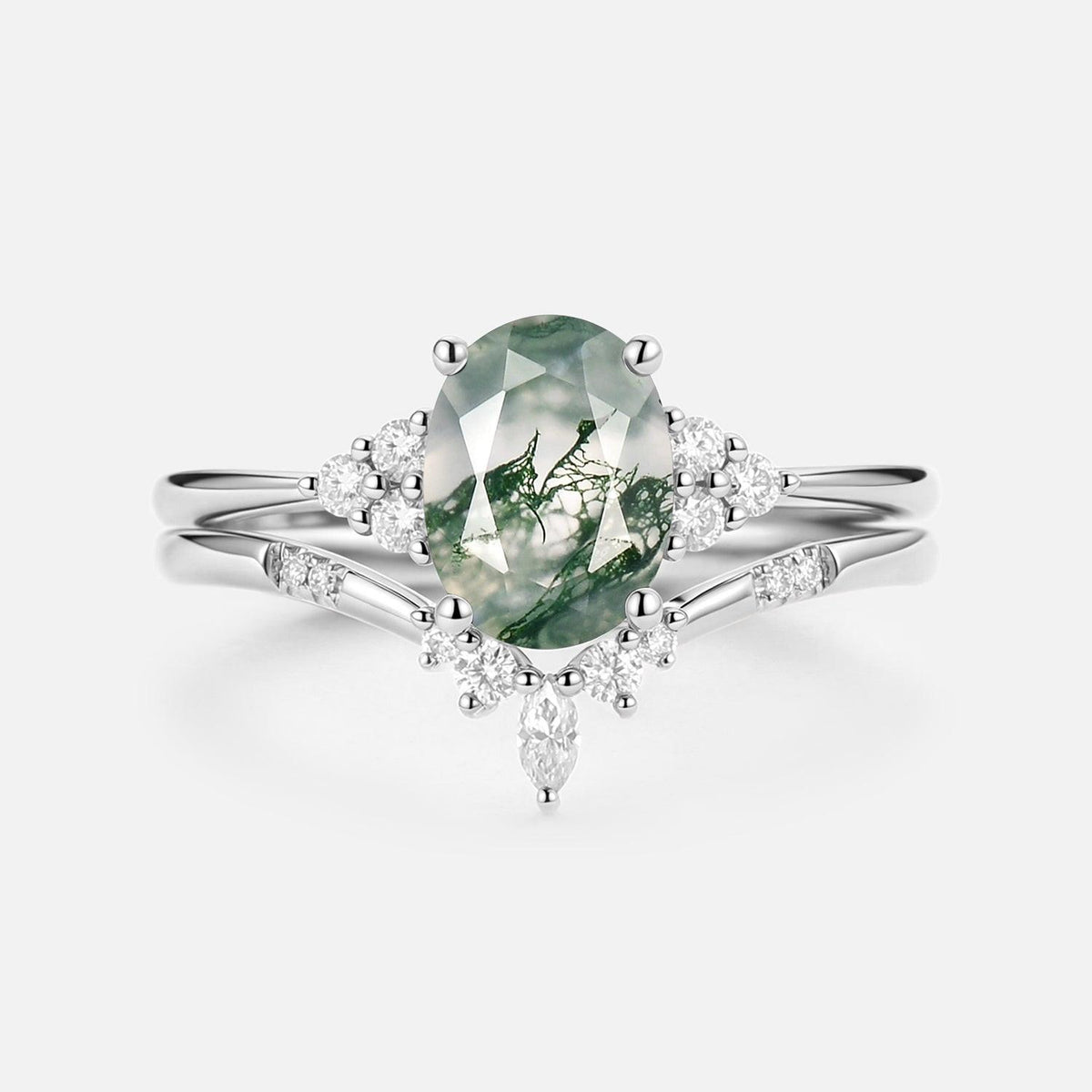 Solara Oval Cut Moss Agate Classic Cluster Gold Ring Set 2pcs.