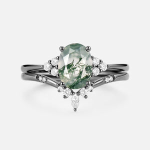 Solara Oval Cut Moss Agate Classic Cluster Gold Ring Set 2pcs.