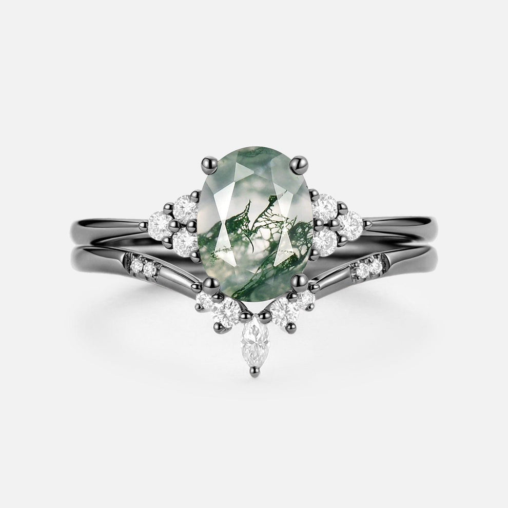 Solara Oval Cut Moss Agate Classic Cluster Gold Ring Set 2pcs.