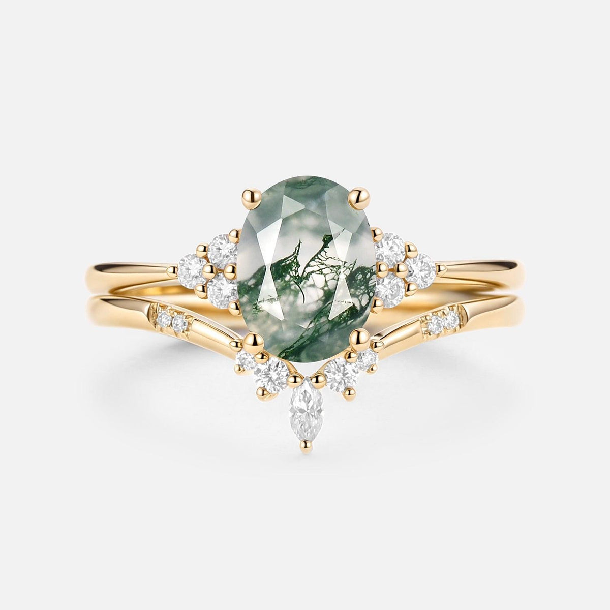 Solara Oval Cut Moss Agate Classic Cluster Gold Ring Set 2pcs.