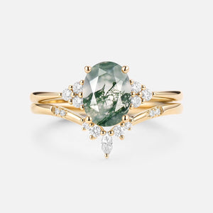 Solara Oval Cut Moss Agate Classic Cluster Gold Ring Set 2pcs.