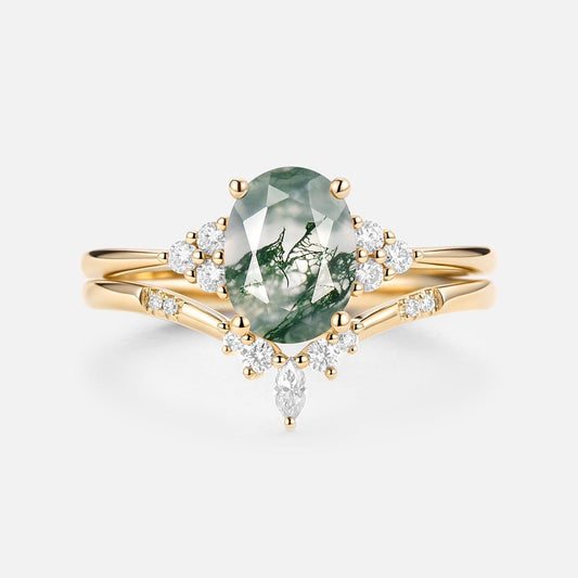 Solara Oval Cut Moss Agate Classic Cluster Gold Ring Set 2pcs.